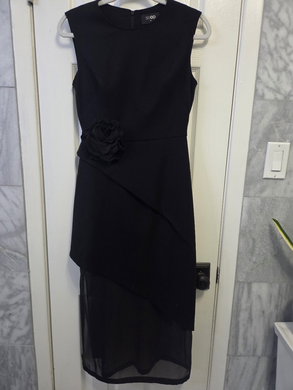 Sixdo  Black Sleeveless High-Low Dress with Floral Accent